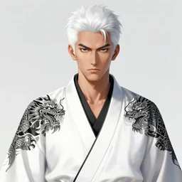 a highly detailed illustration of fierce white haired asian man with short white hair parted down middle, wearing white kimono with black shirt, with dragon tatto, with black sclera eyes, heroically battle posing, muscular, intricate, elegant, highly detailed, centered, digital painting, artstation, concept art, smooth, sharp focus, league of legends concept art, WLOP