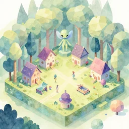 alien faerie village in the woods. watercolor by award - winning concept artist. multilevel isometric graphics, pastel palette, polygonal.