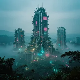 high - tech jungle city, volumetric light, foggy, moody, kodak photography, slow shutter speed, cyan and pink light
