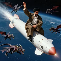 saddam hussein riding a icbm in space, dragons chasing, ultra realistic, 4 k, artstation, sharp focus, highly detailed, historically accurate