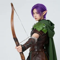 short wood elf, purple hair, holding a long bow, green leaf cloak, leather armor, metal gauntlets, green eyes. in the style of alphonse mucha and john howe. fantasy. detailed.