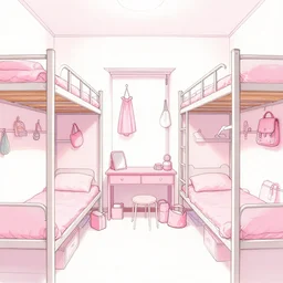 interior of girl's adormitory decorated with pink items, fine outlined, drawn by greatest artist on artstation.