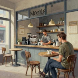 a detailed painting of coffee shop by moebius and geof darrow wlop tooth wu cinematic concept art detailed intricate lines trending on