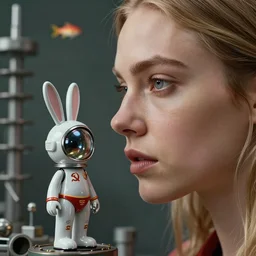closeup face profile portrait of cara delevingne as a tin toy soviet chernobyl space rabbit, bikini, depth of field, zeiss lens, detailed and intricate environment, fashion photoshoot by nicoletta ceccoli, mark ryden, lostfish, breathtaking, 8 k resolution, artistic, hyperrealistic, octane render