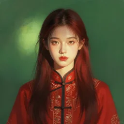 outdoor portrait of a beautiful girl, shades of red and green, beautiful face, rule of thirds, intricate outfit, spotlight, by greg rutkowski, by jeremy mann, digital painting