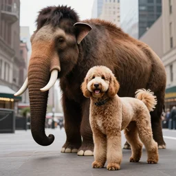 a goldendoodle standing next to a wooly mammoth in NYC, extremely detailed, professional photography, 4k/8k