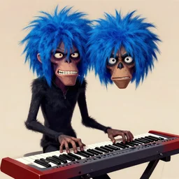 2 d gorillaz playing a keyboard, messy blue hair, portrait, gorillaz style, jamie hewlett, digital art