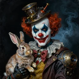 a close - up portrait painting of a dark steampunk clown holding a rabbit. blue foggy atmosphere, black background. highly detailed science - fiction painting by norman rockwell, moebius, frank frazetta, and syd mead. rich colors, high contrast. artstation