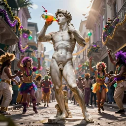 the statue david from michelangelo drinking a huge colorful cocktail, dancing in the street at the mardi gras