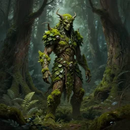 moss - covered wood spirit with skin of leaves and bark armor standing in a sacred grove. d & d fantasy art, digital painting, magical forest, 8 k resolution, dramatic lighting, full - length portrait, spooky.