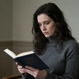 Scottish woman with dark hair and pale skin reading a book