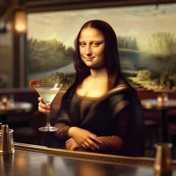 a photorealistic photograph of mona lisa holding a martini at a classy bar during sunset Trending on Artstation, featured on Behance, well-rendered, Unreal Engine, 4K HD