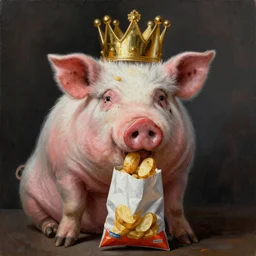 A vibrant painting with dramatic lighting of a morbidly obese pig wearing a gold crown eating out of a potato chip bag