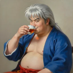 real life Uncle Iroh, drinking from a cup of tea, gentle smile, overweight, beautiful, very detailed, hyperrealistic, medium shot, very detailed painting by Glenn Fabry, by Joao Ruas