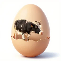 cow sotting on giant chicken egg