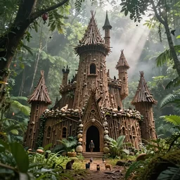 photo of a beautiful heavenly castle built with sticks and stones in the deep jungle, with a timberman and 100 cats, misty godrays