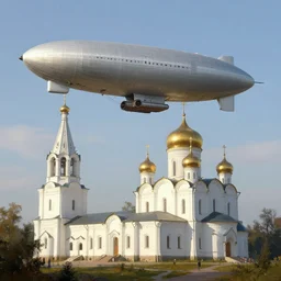 a large dieselpunk airship is standing in the air over a splendid white church in russia, full morning sun, matte painting by greg rutkowski, craig mullins, levitan, rozalski