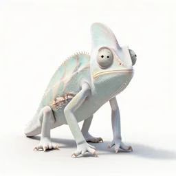 white chameleon, stylized pixar-style 3d render, full body, isolated on a pure white background, centered, entire subject in frame, sharp focus, soft studio lighting