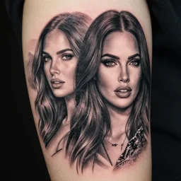 double exposure tattoo design sketch of megan fox and beautiful mountains, realism tattoo, in the style of matteo pasqualin, amazing detail, sharp