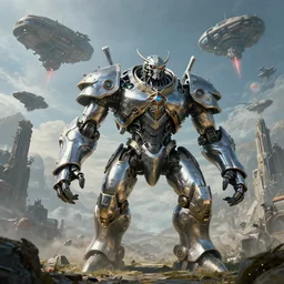 highly detailed elden ring portrait photo of a huge chrome plated robotic golurk mumakil in scenic dystopian environment. a fleet of even bigger massive spacecrafts lift off and flying in the background, hyperrealistic illustration by william didier - pouget