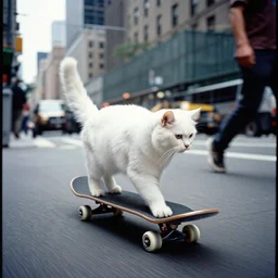 leica s photograph, kodachrome film, subject is a white furry cat riding on a skateboard that is rolling down broadway in nyc, bruce gilden, detailed