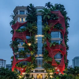 multistory building, full of tropical plants overgrowing, glass openings, red parametric mesh and fabric in the facede, housing architecture, classical architecture, brutalist architecture, blue hour, trending on artstation, after rain, cinematic, intricate, by greg rutkowski, by peder balke, award winning