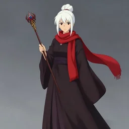 full body portrait of a girl sorcerer with white hair in a hairbun, she is wearing a thin subtle red scarf around her neck, she is holding a large wand. cgsociety masterpiece, artstation trending, by rossdraws, ghibli, kimi no na wa, greg rutkowski, simon stalberg, greg manchess