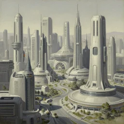 highly detailed retro scifi neighborhood in a scifi landscape by feng zhu, perfect geometry, hyper - detailed, sharp, beautiful, desaturated, oil on canvas