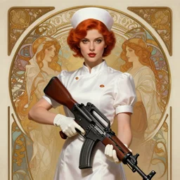 Epic portrait, female nurse in a white dress and short sleeves holding an assault rifle, gloves, red hair, glossy lips, pretty, fantasy, intricate, elegant, highly detailed, D&D, digital painting, artstation, concept art, matte painting, sharp focus, illustration, in the style of Greg Rutkowski and Alphonse Mucha and artemisia, 8k,
