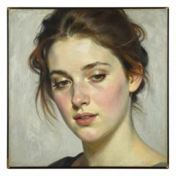 Frontal portrait of the face of a beautiful woman, head tilted down. Painting by Norman Rockwell.