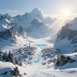 blizzard around the mountain cinematic overlook a futuristic village, photograph, god rays, light, sun melting ice and snow