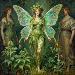 hyper realistic weed fairy, plants covering her full body painted by valerie hammond, tom bagshaw, mucha, gaston bussiere, craig mullins, j. c. leyendecker 8 k