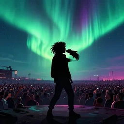 rapping into microphone, silhouette, huge crowd, cyberpunk, hip hop, digital art, Aurora borealis, trending on Artstation, professional artist, detailed, 4k