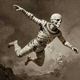 photorealistic sepia painting of a flying mummy in a power pose, nabatean writing on the bones, atmospheric lighting, brooding, painted, intricate, ultra detailed, well composed, best on artstation, cgsociety, epic, horror, stunning, gorgeous, intricate detail, much wow, masterpiece, cinematic aesthetic octane render, 8 k hd resolution,
