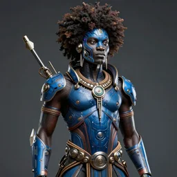a realistic portrait of the african god of the war and technology ogun with cyberpunk and afrofuturist weapons wearing blue, highly detailed, afrofuturist, cyberpunk, photorealistic.