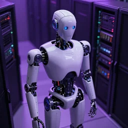 hyperrealistic medium shot robot! in data center server highly detailed concept art eric zener elson peter cinematic hard purple lighting high angle hd 8 k sharp shallow depth of field, inspired by denis villeneuve and stanley kubrick