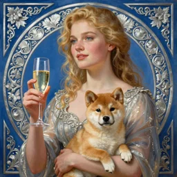 blonde woman with glass of champagne in her hand and shiba inu puppy on her lap. silver filigree on blue background. art by louis theophile hingre and alphonse mucha