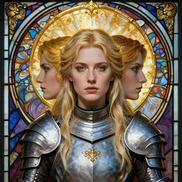 masterpiece head-on symmetrical centered portrait, Imogen Poots and Elisha Cuthbert as a Gloomhaven paladin, Elden Ring, blonde hair, prismatic golden halo around her head, wearing plate armour, elegant, distant, stained glass tarot style, in the style of Edgar Maxence and Ross Tran and Zdzisław Beksiński and Michael Whelan and Mucha and Gustave Doré, specular highlights, 8k, octane render