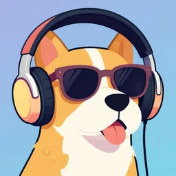 a closeup of a dog with headphones and sunglasses in retro colors, synthwave style, 2 d digital vector art