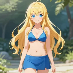 a very beautiful young anime cute girl, full body, long wavy blond hair, sky blue eyes, full round face, short smile, bikini, miniskirt, front view, medium shot, mid-shot, highly detailed, cinematic wallpaper by Stanley Artgerm Lau