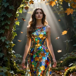 portrait of a woman wearing a dress of stained glass , autumn leaves falling, dramatic volumetric lighting, god rays, global illumination, soft, sharp focus, sci-fi, ivy, moss, trending on artstation, intricate concept art by eddie mendoza and Mel Milton