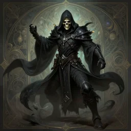 necromancer with a skull face, full body shot, hood, d & d, dark, fantasy, dynamic pose, ethereal background, intricate, elegant, highly detailed, digital painting, artstation, concept art, matte, sharp focus, illustration, hearthstone, art by artgerm and greg rutkowski and alphonse mucha