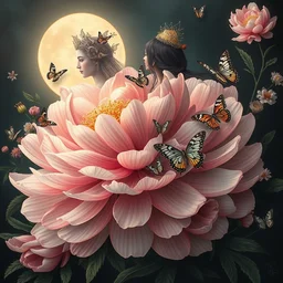reathtaking detailed concept art painting blend of two goddess of light peony by hsiao ron cheng, vintage illustration pattern with bizarre compositions blend of flowers and fruits and birds and butterflies, by beto val and john james audubon, exquisite detail, extremely moody lighting, 8 k