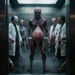 in the dark elevator, a full body wet skin creature with glowing eyes. under stage light, crawling humanoid monsters, smile face, labcoats, sci - fi equipment, saliva, membrane pregnancy sac, respiratory flap, super realism, claws, fog, octane rendering, cinematic light. medium shot, 2 4 mm, david fincher, james wan, gritty, moody, eerie, dark arts