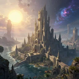 a beautiful detailed render of castle city by vija celmins, morning sun sea galactic apocalyptic extraterrestial gem at spring bladerunner 2 0 4 9 biopunk azeroth neptune universe liberty city at night, archdaily, wallpaper, highly detailed, trending on artstation.