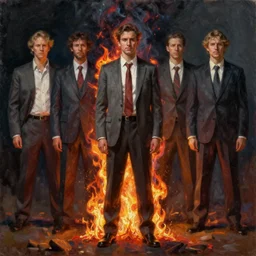 front view, one men in suite standing alone and burning in fire flames, piotr jablonski, tim hildebrandt, mark maggiori, jeff dekal, long shot, hyperrealistic oil painting on canvas, deep depth field, cinematic composition, hyper - detailed, hdr, 8 k, 4 k