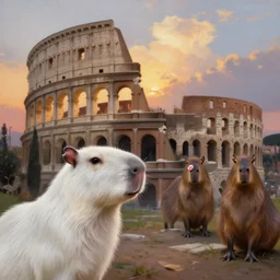 white capybara looking over at the roman empire, surreal photography, sunrise dramatic light, impressionist painting, digital painting, artstation, kilian eng, john harris, bastien lecouffe - deharme, simon stalenhag, flower face