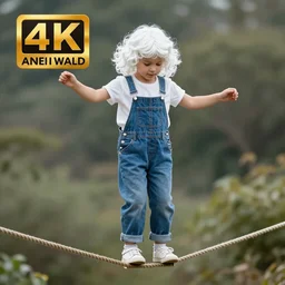 A young girl with white, curly hair is balancing on a tight-rope. She is wearing long blue denim overalls and a white shirt. highly detailed, ultra high detail, 8k wallpaper, 4k wallpaper, award winning photography