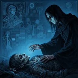 cleric putting hand on undead, in the style of Greg Broadmore and junji ito and Arthur Rackham and Moebius, trending on artstation, light lighting side view,digital art,surrealism ,macro,blueprint ,vaporwave ,