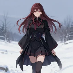 beautiful girl in gothic dress misa amane, snowy landscape, university uniform, seifuku, pleated miniskirt, overknee socks, battle angel alita. by rembrandt 1 6 6 7, illustration, by konstantin razumov
